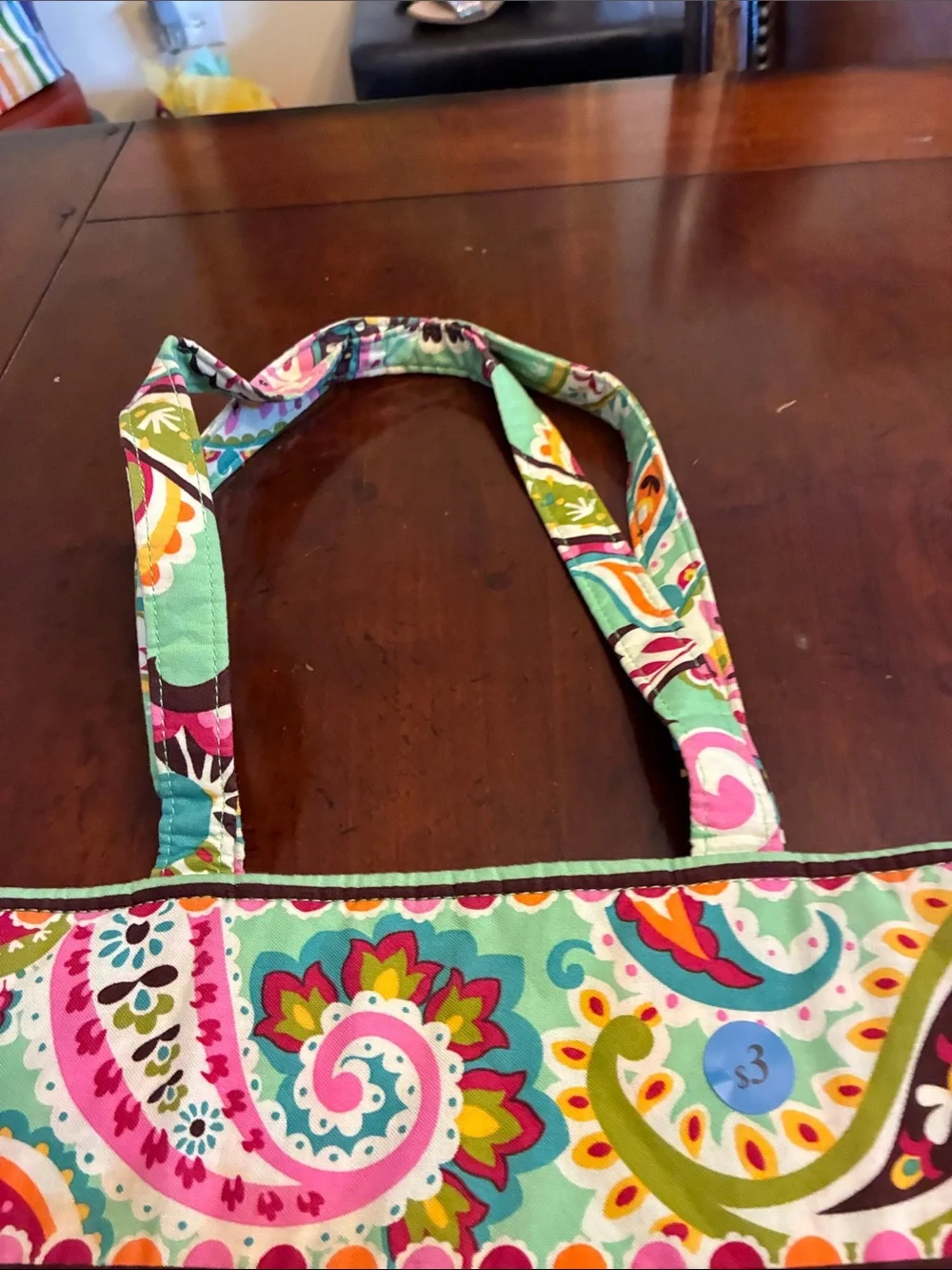 Vera Bradley Turquoise Paisley Quilted Tote with Pink and Yellow Accents